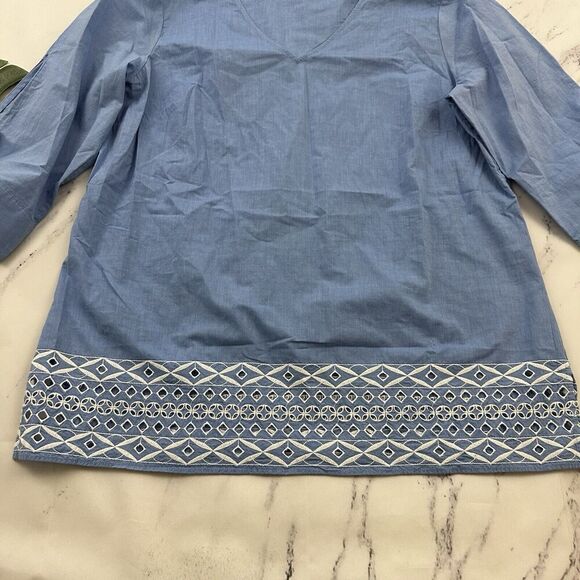 Talbots Embroidered Trim Tunic Top Size L Blue White Tie 3/4 Sleeve Blouse - Picture 5 of 12